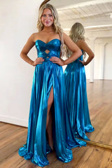 A-Line Peacock Blue Sweetheart Sweep Train Metallic Prom Dress With Slit