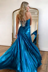 A-Line Peacock Blue Sweetheart Sweep Train Metallic Prom Dress With Slit