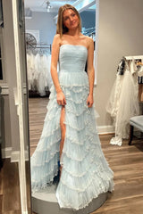 A-Line Strapless Long Glitter Tulle Prom Dress With Ruffled Sequin Trim Skirt