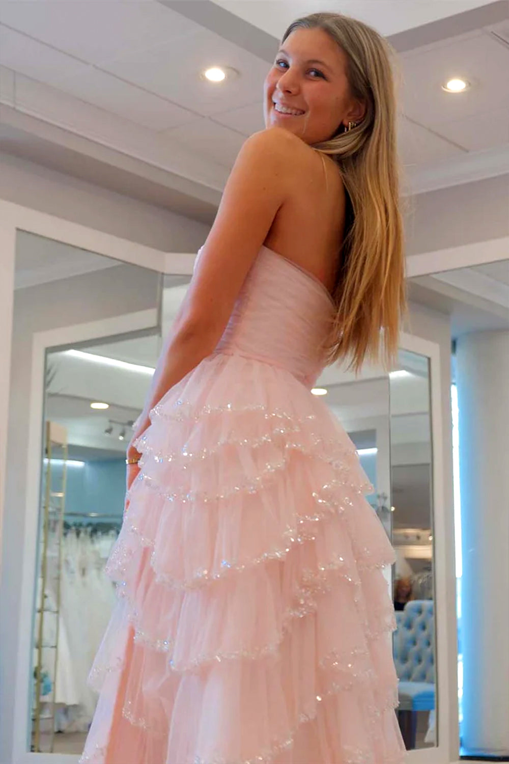 A-Line Strapless Long Glitter Tulle Prom Dress With Ruffled Sequin Trim Skirt