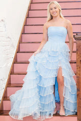 A-Line Strapless Long Glitter Tulle Prom Dress With Ruffled Sequin Trim Skirt