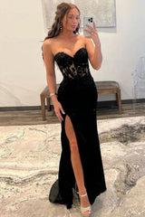 Black Chic Sweetheart Mermaid Long Satin Prom Dress with Slit