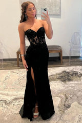 Black Chic Sweetheart Mermaid Long Satin Prom Dress with Slit