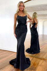 Black Glitter Beaded Mermaid Spaghetti Straps Lace Up Long Prom Dress