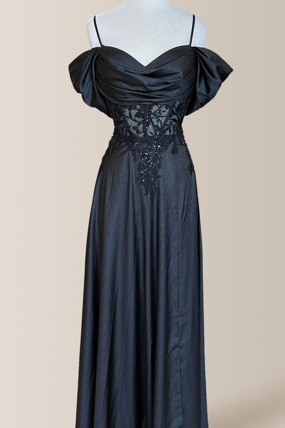 Black Sheath Off The Shoulder Long Satin Formal Dress With Appliques