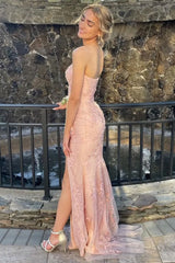 Blush Pink Strapless Mermaid Long Lace Prom Dress with Appliques