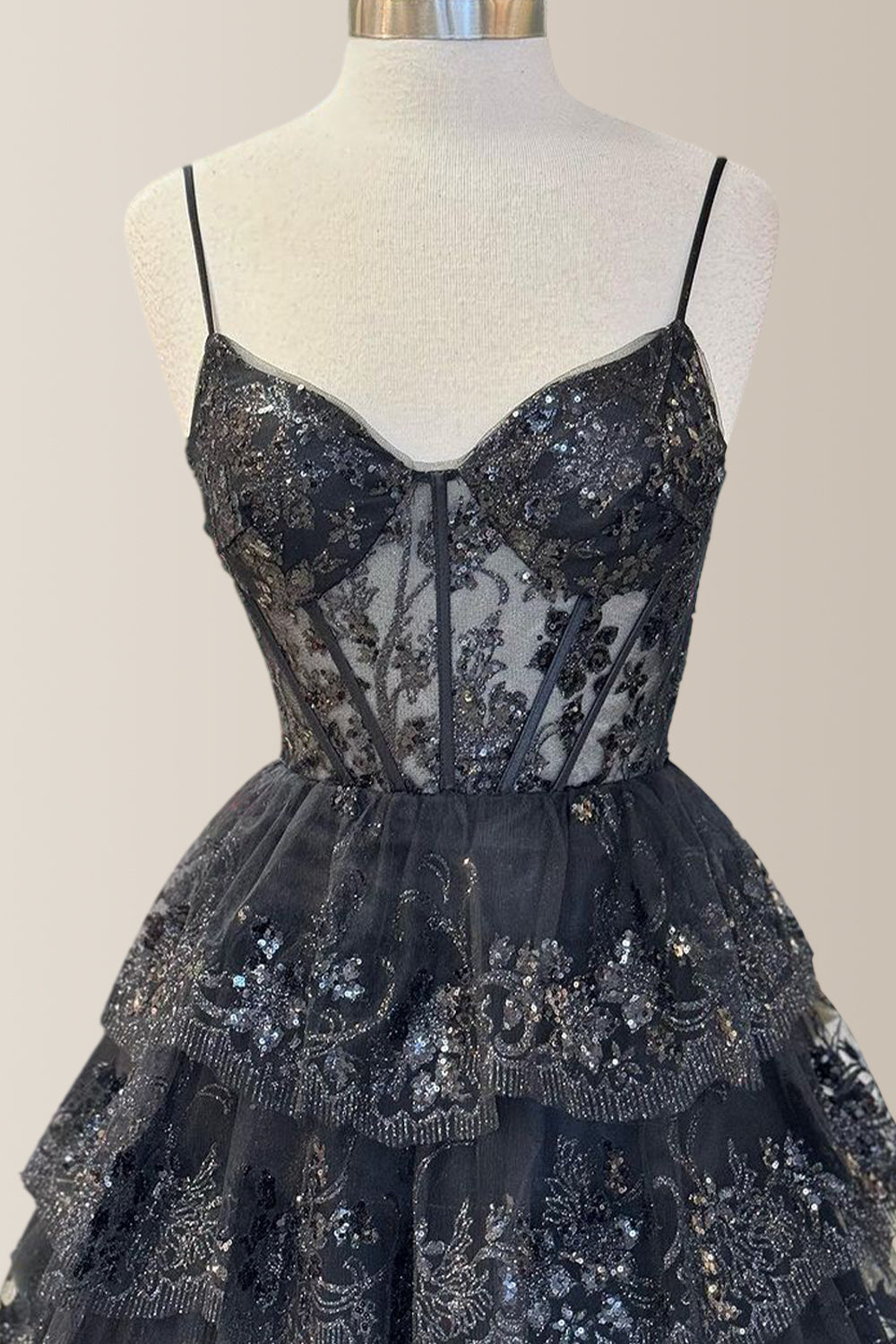 Charming Black A-Line Spaghetti Straps Long Sequin Prom Dress with Appliques