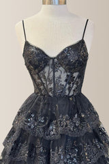 Charming Black A-Line Spaghetti Straps Long Sequin Prom Dress with Appliques