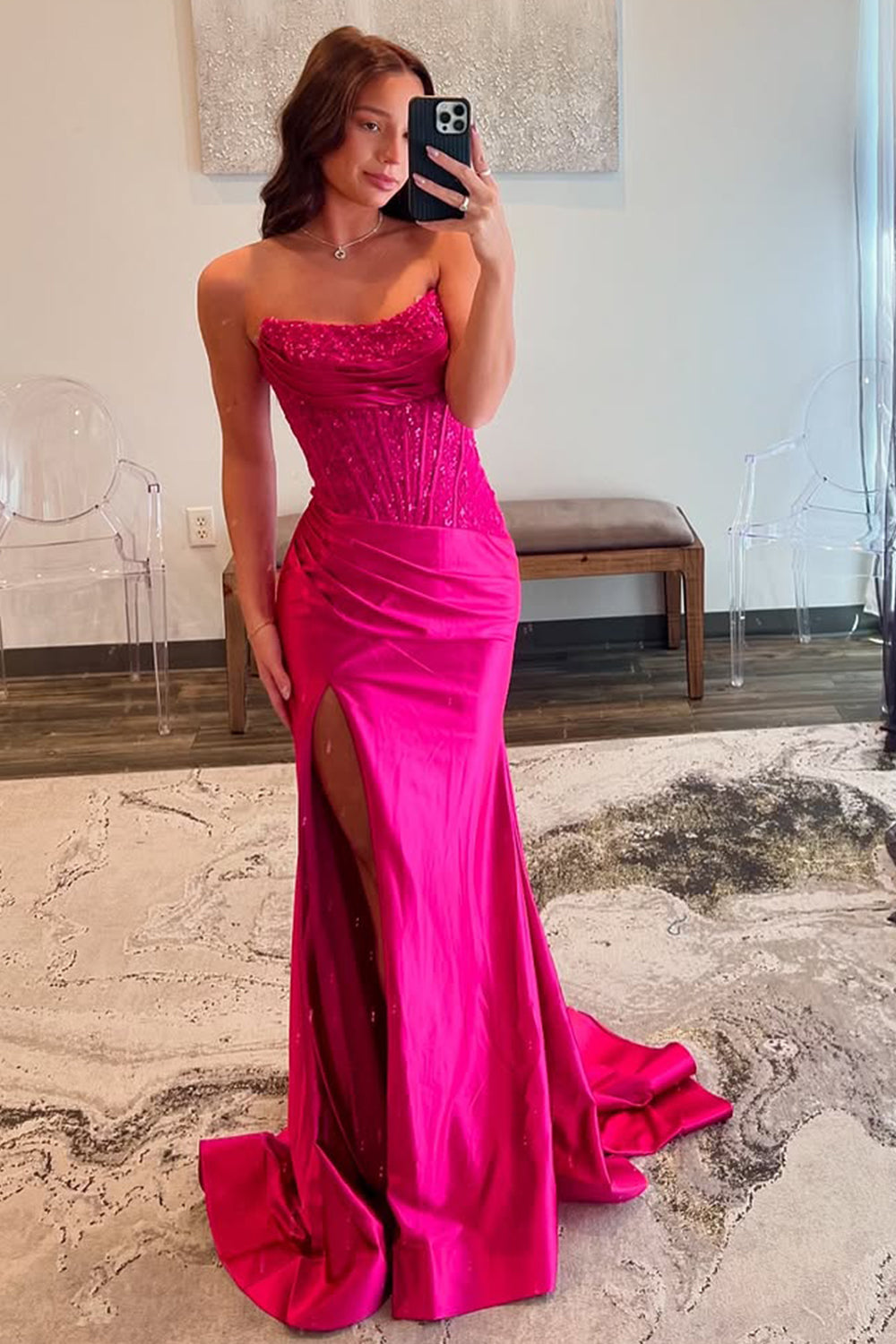 Charming Fuchsia Mermaid Strapless Lace Top Satin Prom Dress with Leg Slit