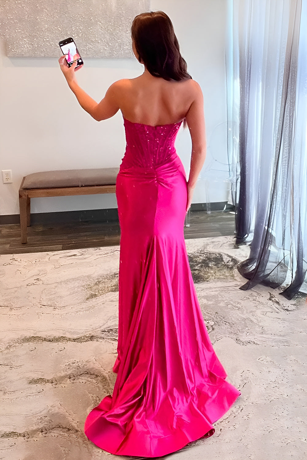 Charming Fuchsia Mermaid Strapless Lace Top Satin Prom Dress with Leg Slit