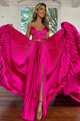 Charming Hot Pink A-Line Spaghetti Straps Waist Hollow Long Metallic Prom Dress