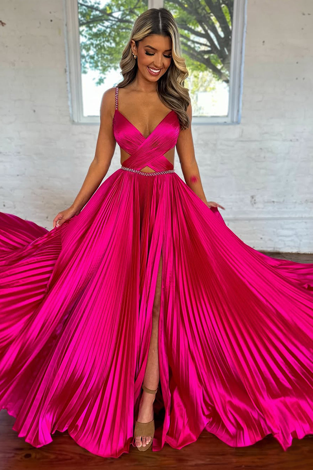 Charming Hot Pink A-Line Spaghetti Straps Waist Hollow Long Metallic Prom Dress