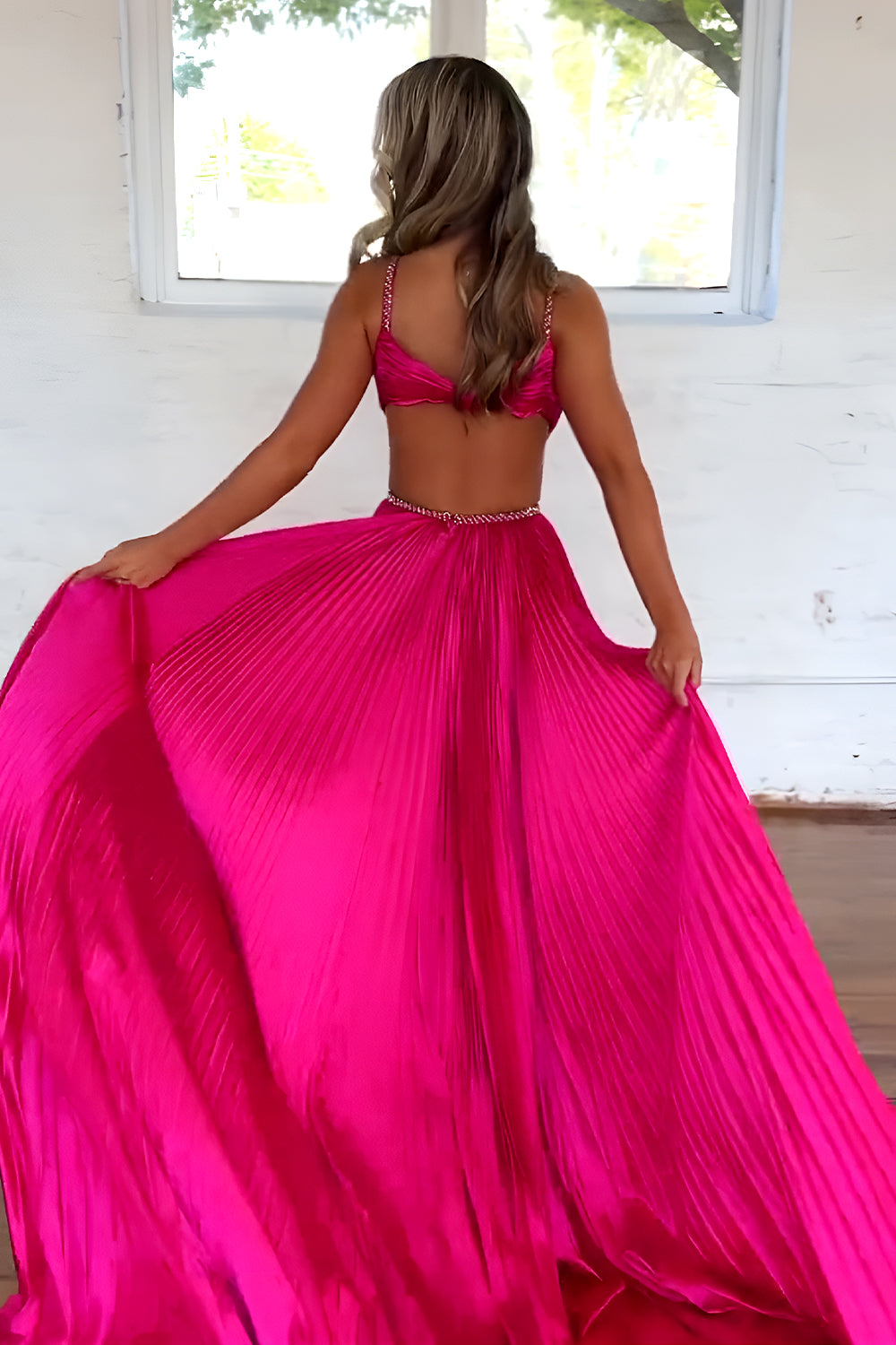 Charming Hot Pink A-Line Spaghetti Straps Waist Hollow Long Metallic Prom Dress