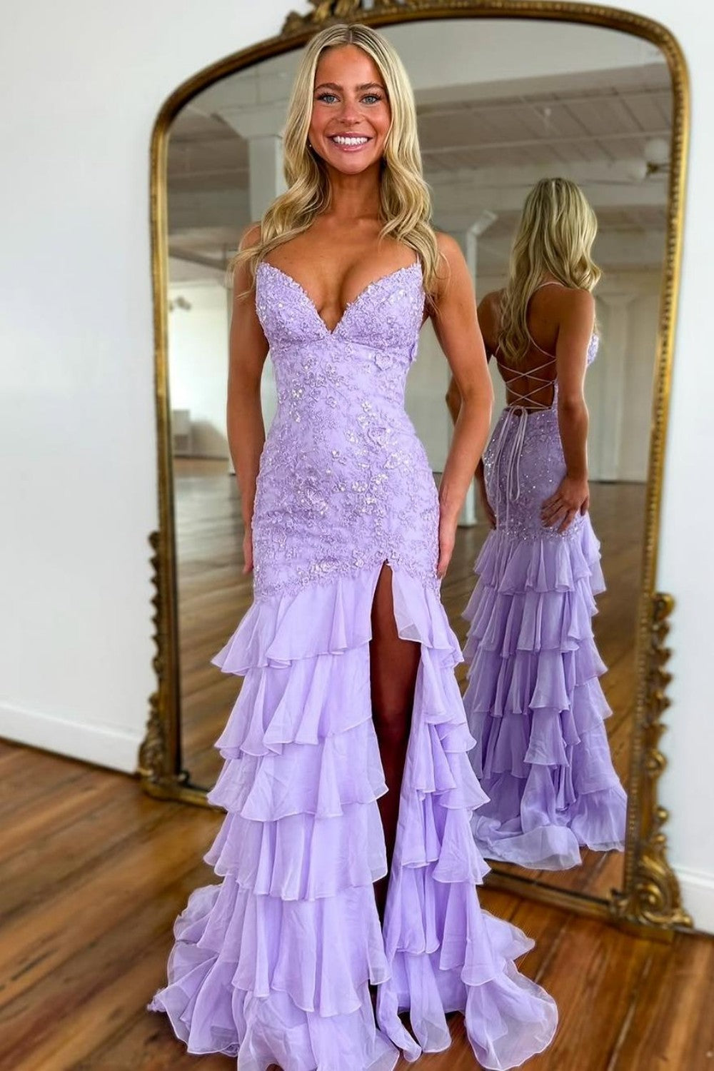 Charming Lilac Mermaid Spaghetti Straps Lace Prom Dress with Ruffle Skirt