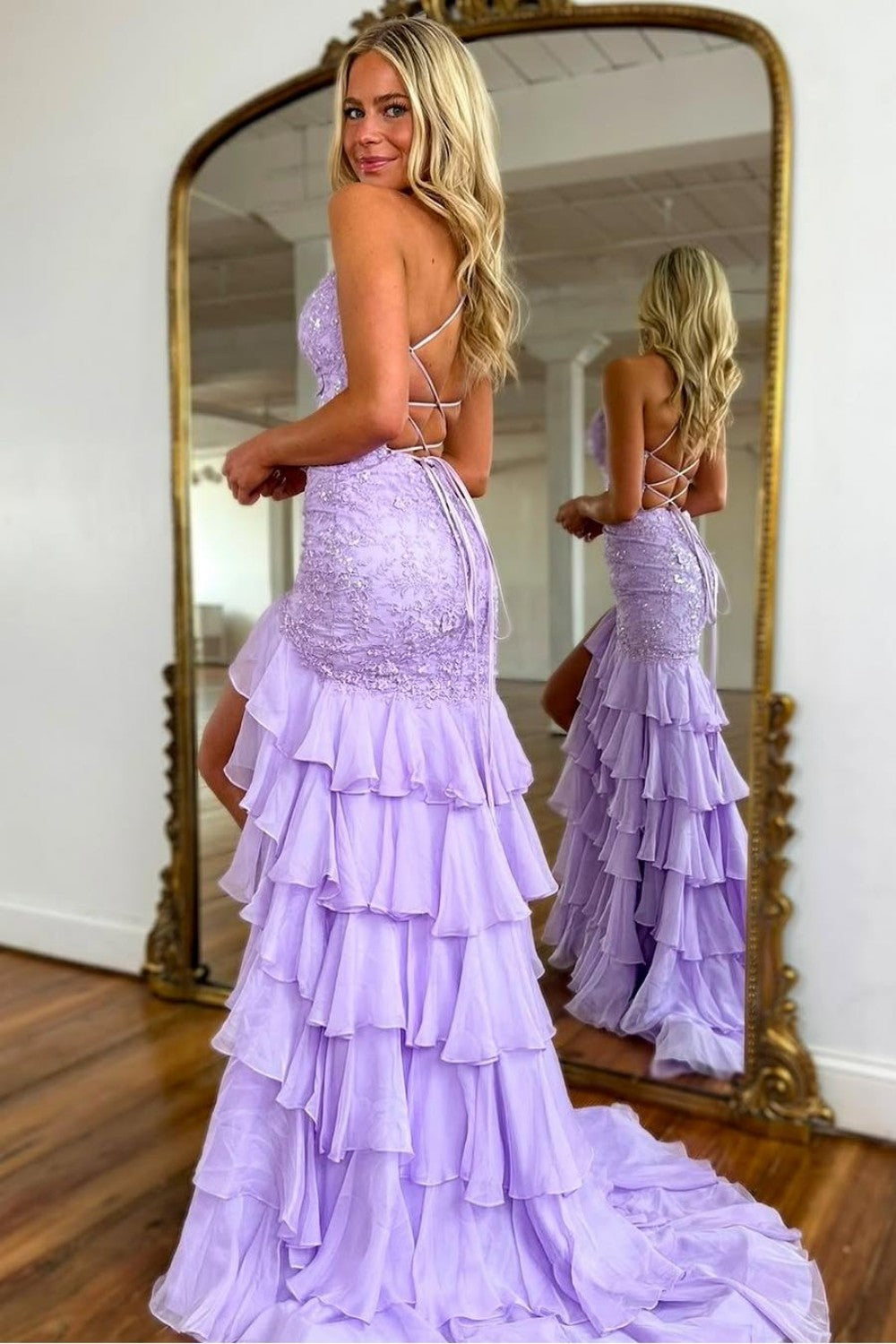 Charming Lilac Mermaid Spaghetti Straps Lace Prom Dress with Ruffle Skirt