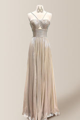 Chic A-Line Halter Neck Long Pleated Metallic Prom Dress