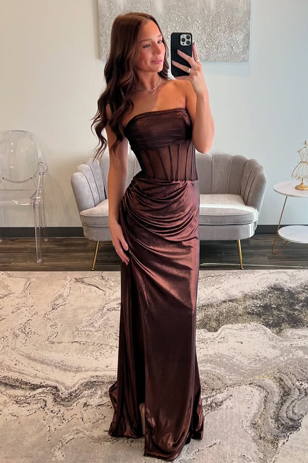 Chic Brown Mermaid Strapless Long Metallic Prom Dress with Leg Slit