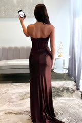 Chic Brown Mermaid Strapless Long Metallic Prom Dress with Leg Slit