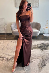 Chic Brown Mermaid Strapless Long Metallic Prom Dress with Leg Slit