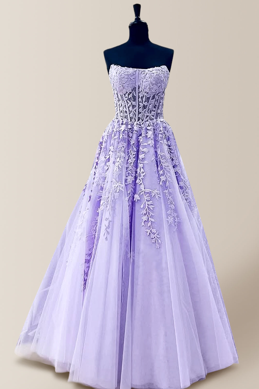 Chic Lilac A-Line Strapless Lace Up Long Tulle Prom Dress with Appliques