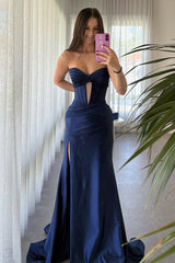 Chic Mermaid Sweetheart Navy Long Satin Prom Dress With Leg Slit