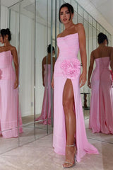 Chic Pink Mermaid Strapless Long Pleated Satin Prom Dress With 3D Flower