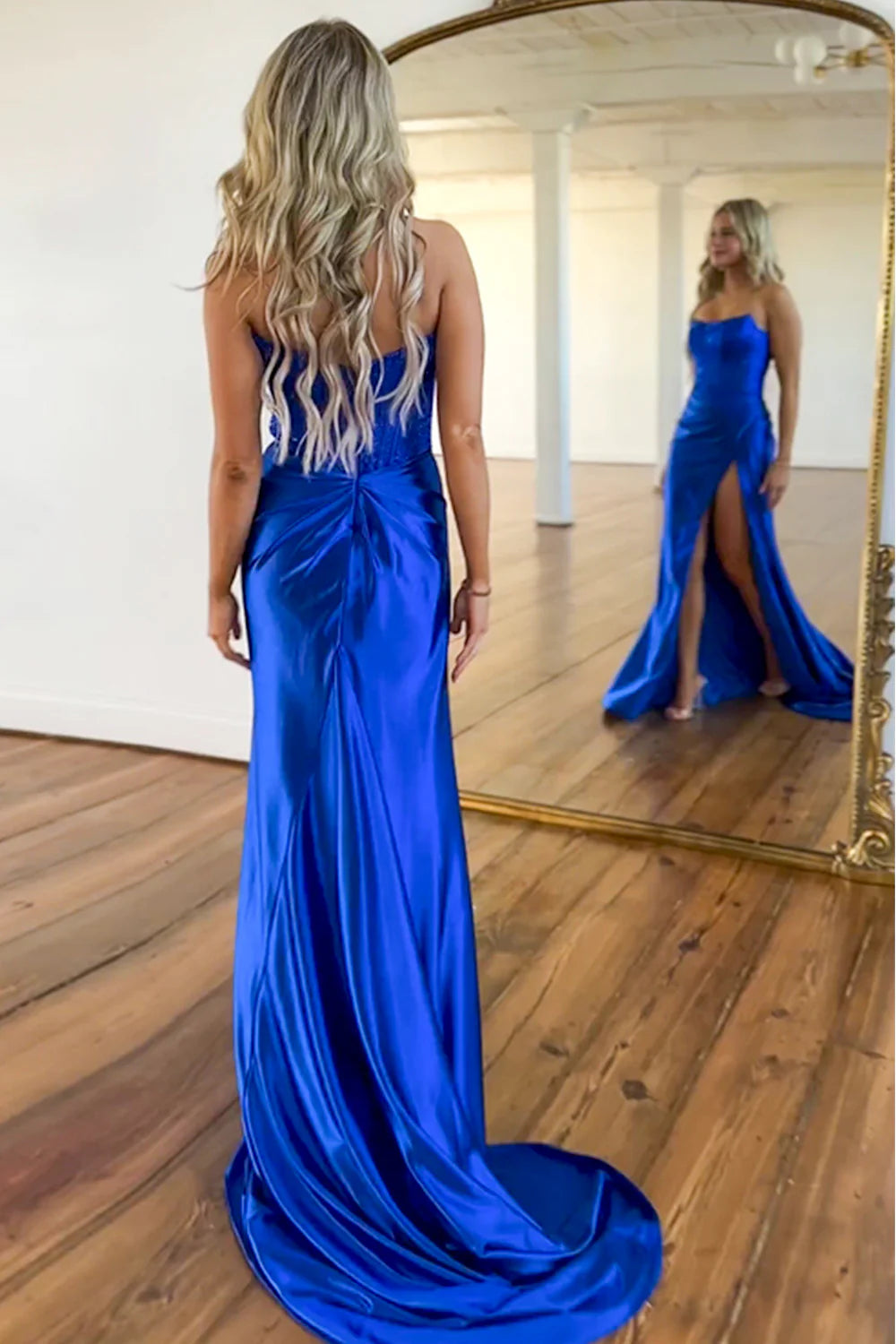 Chic Royal Blue Mermaid Strapless Beaded Top Long Satin Prom Dress