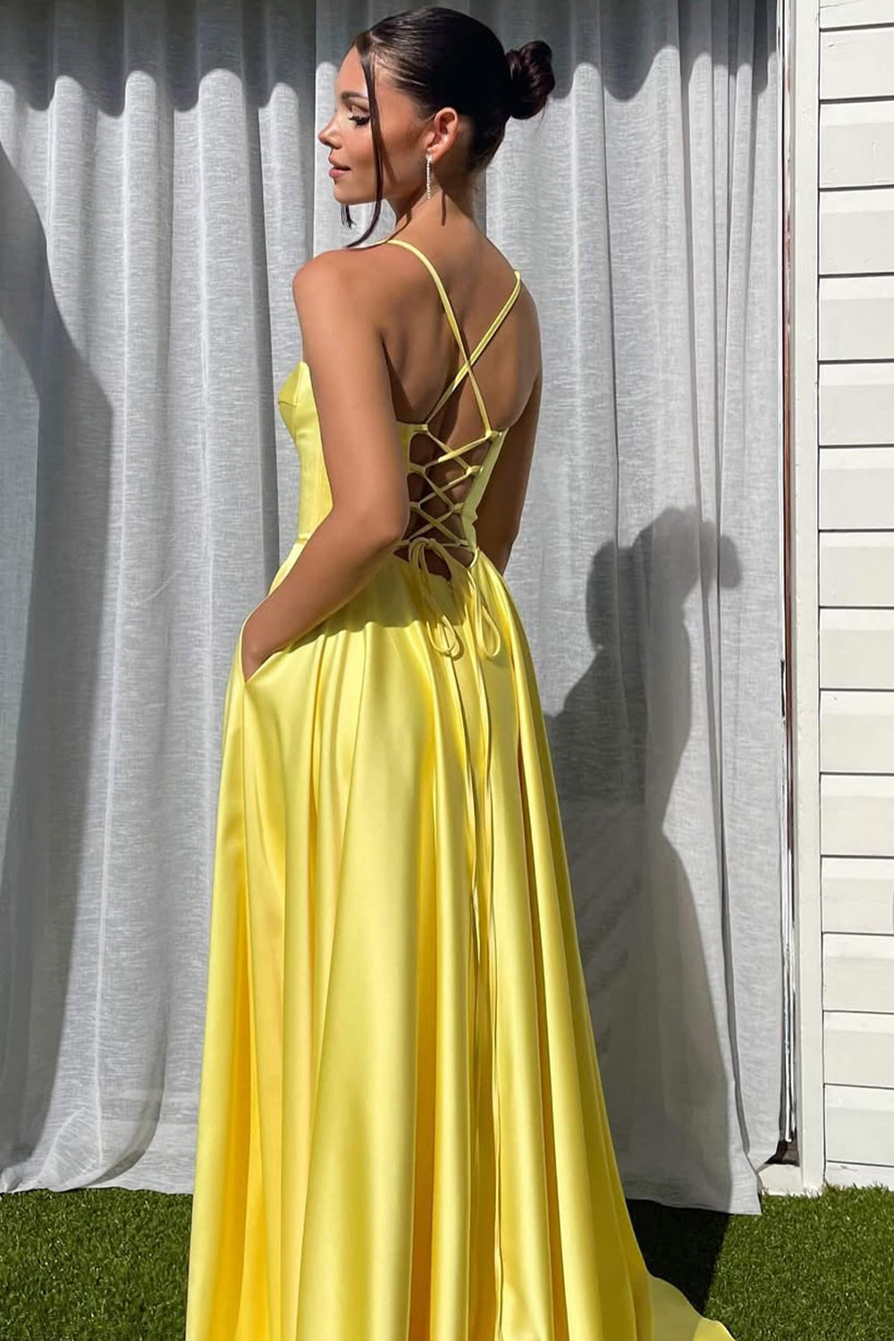 Chic Yellow A-Line Lace Up Long Satin Prom Dress with Leg Slit