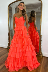 Coral A-Line Sweetheart Zipper Back Prom Dress with Ruffle Chiffon Skirt