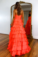 Coral A-Line Sweetheart Zipper Back Prom Dress with Ruffle Chiffon Skirt