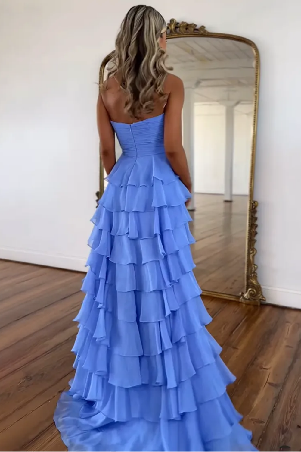 Cure A-Line Sweetheart Zipper Back Tiered Chiffon Prom Dress with Slit