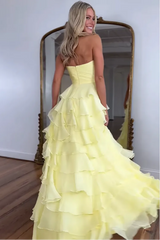 Cure A-Line Sweetheart Zipper Back Tiered Chiffon Prom Dress with Slit