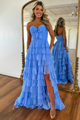 Cure A-Line Sweetheart Zipper Back Tiered Chiffon Prom Dress with Slit