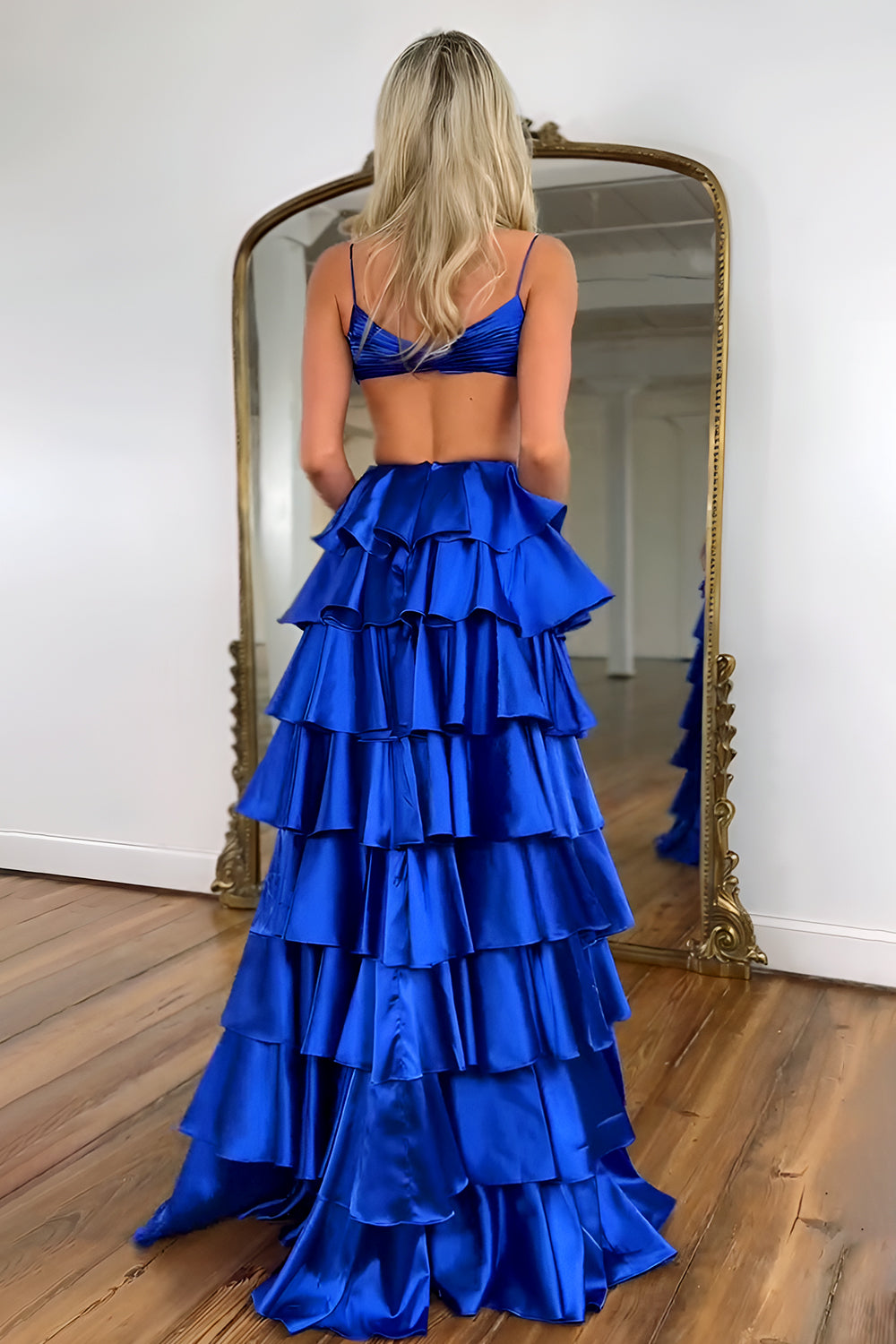 Cute A-Line V-Neck Waist Hollow Long Tiered Satin Prom Dress with Leg Slit