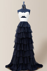 Cute Black and White A-Line Strapless Long Layered Prom Dress