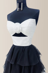 Cute Black and White A-Line Strapless Long Layered Prom Dress