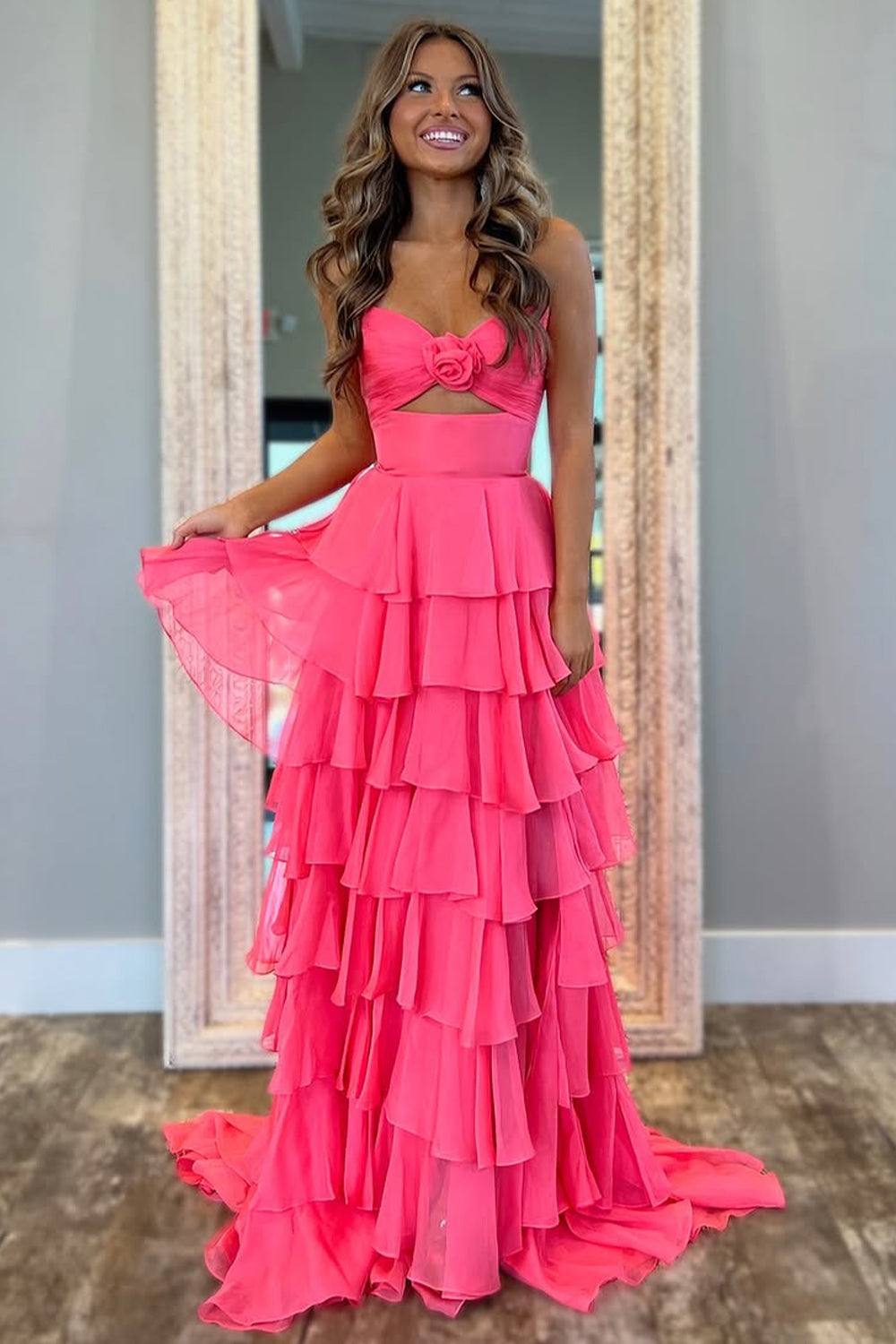 Cute Pink A-Line Strapless Long Ruffle Skirt Chiffon Prom Dress with Slit