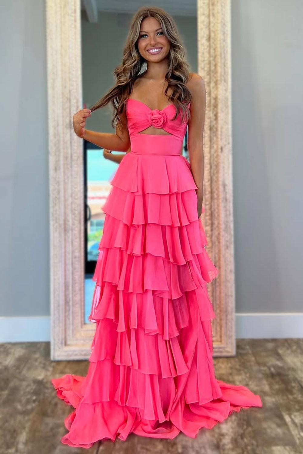 Cute Pink A-Line Strapless Long Ruffle Skirt Chiffon Prom Dress with Slit