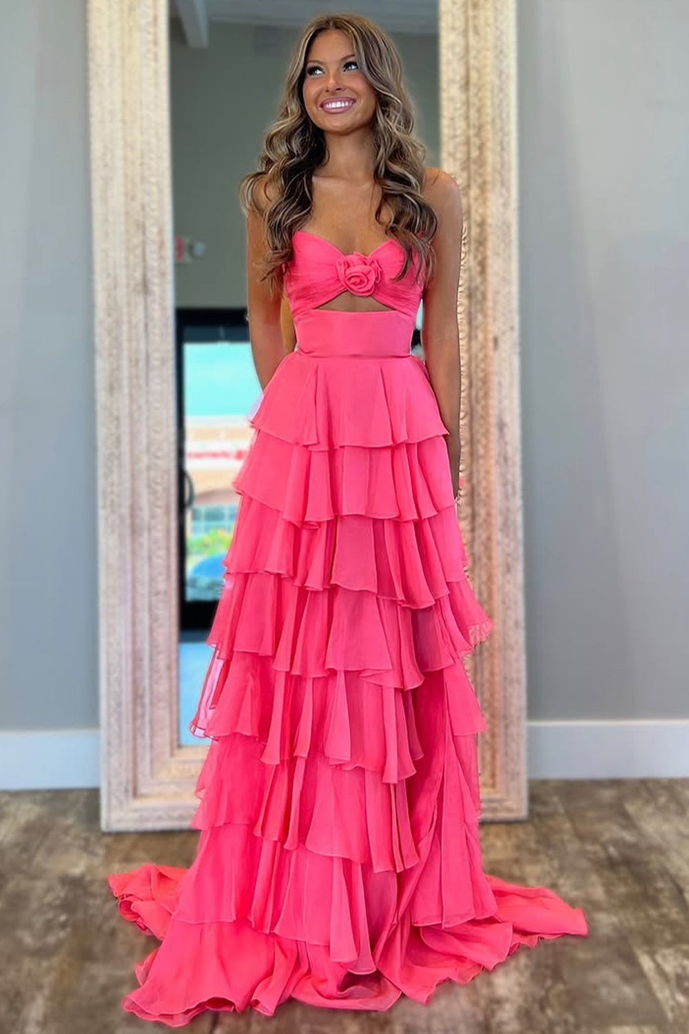 Cute Pink A-Line Strapless Long Ruffle Skirt Chiffon Prom Dress with Slit