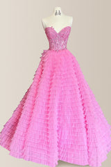 Cute Pink A-Line Sweetheart Lace Top Long Tulle Prom Dress