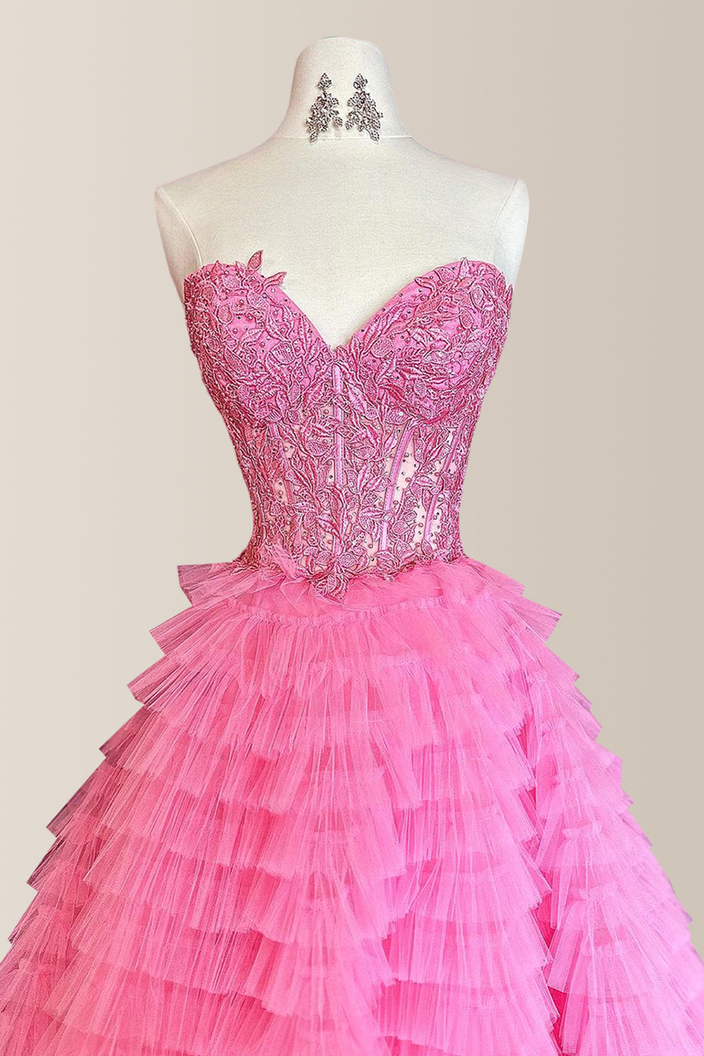 Cute Pink A-Line Sweetheart Lace Top Long Tulle Prom Dress