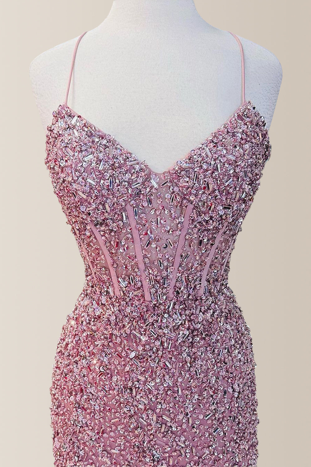 Cute Pink Mermaid Spaghetti Straps Lace Up Prom Dress with Beading