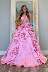 Cute A-Line Bodice 3D Flowers Spaghetti Long Satin Prom Dress