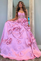 Cute A-Line Bodice 3D Flowers Spaghetti Long Satin Prom Dress