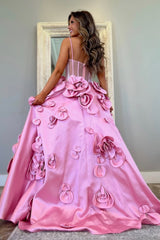 Cute A-Line Bodice 3D Flowers Spaghetti Long Satin Prom Dress