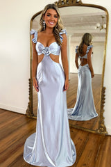 Cute Stylish Mermaid Waist Hollow Long Satin Prom Dress with Flower