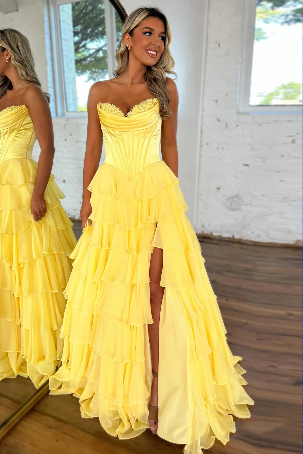 Cute Sweetheart A-Line Long Layered Chiffon Prom Dress with Slit