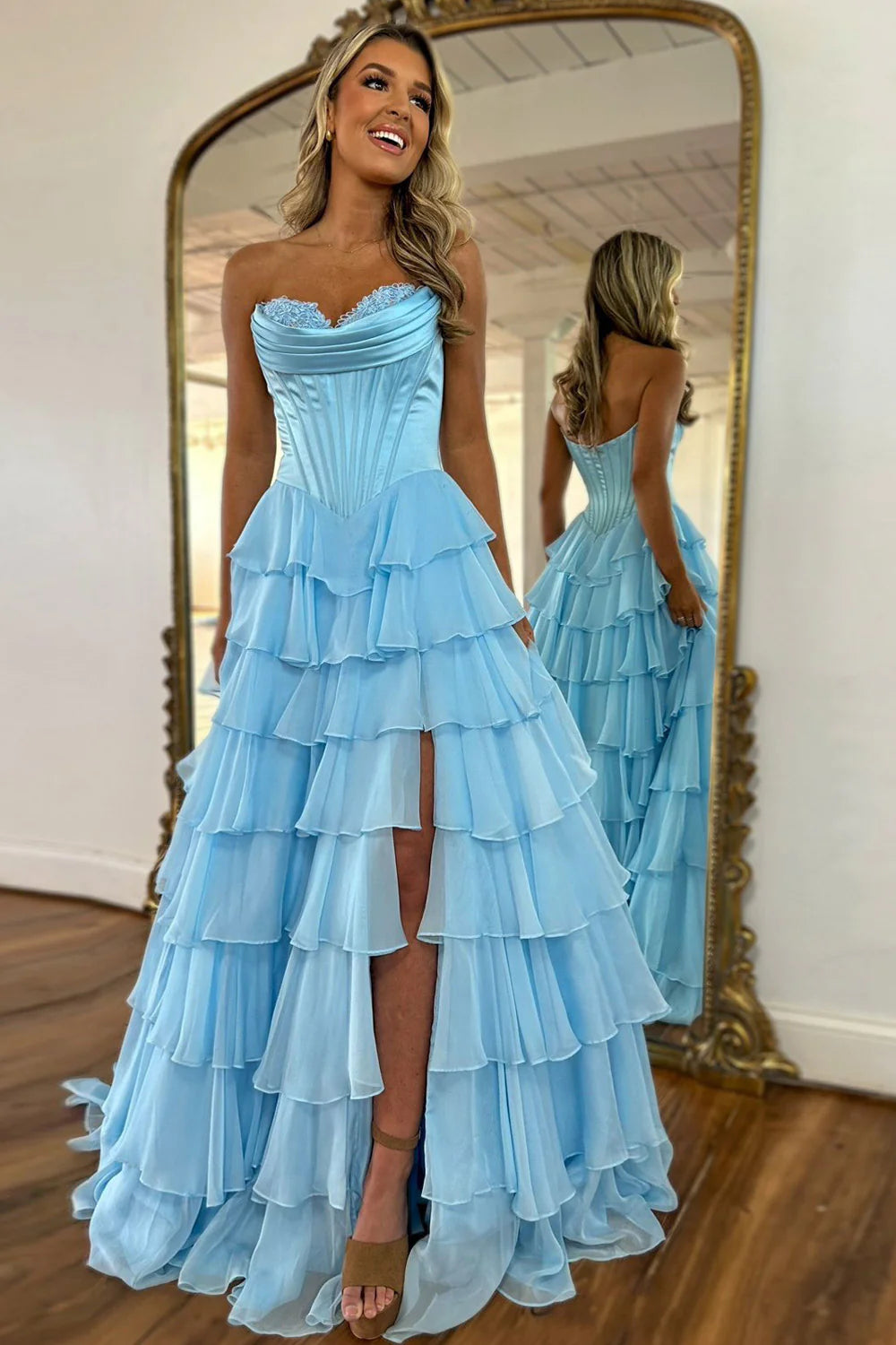 Cute Sweetheart A-Line Long Layered Chiffon Prom Dress with Slit