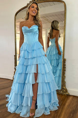 Cute Sweetheart A-Line Long Layered Chiffon Prom Dress with Slit