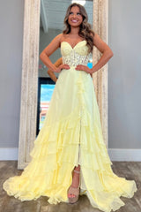 Cute Yellow A-Line Sweetheart Lace Top Chiffon Prom Dress With Ruffle Skirt